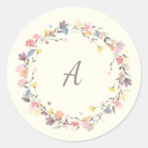 Stylish Pastel Floral Wreath Monogram Personalized Classic Round Sticker