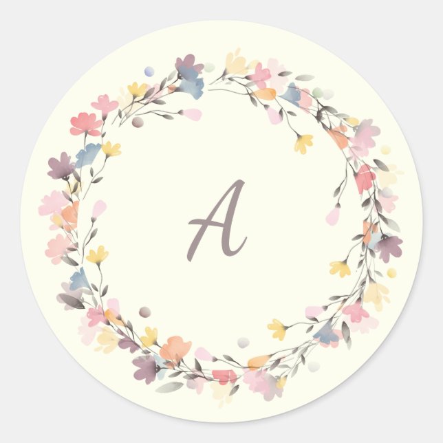 Stylish Pastel Floral Wreath Monogram Personalized Classic Round Sticker (Front)