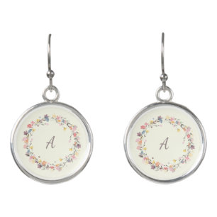 Stylish Pastel Floral Wreath Monogram Personalized Earrings