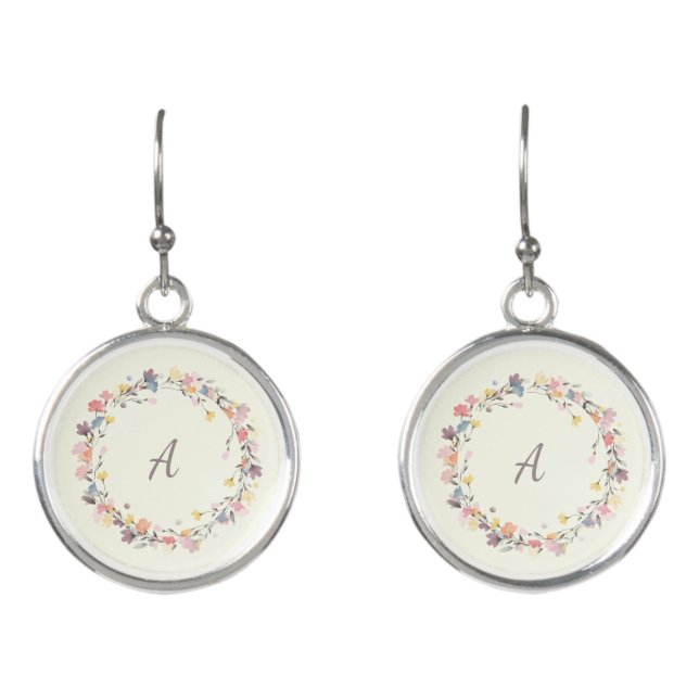 Stylish Pastel Floral Wreath Monogram Personalized Earrings (Front)