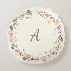 Stylish Pastel Floral Wreath Monogram Personalized Round Pillow