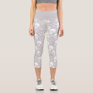 Stylish pastel goth dove gray skulls botanical capri leggings