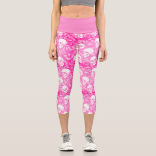 Stylish pastel goth hot pink skulls botanical capri leggings