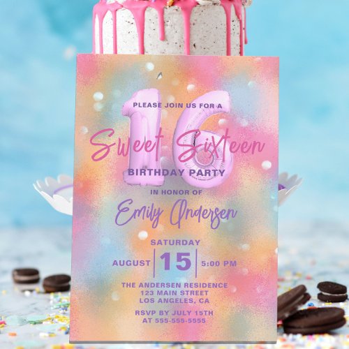 Stylish Pastel Holographic Sweet Sixteen Birthday Invitation