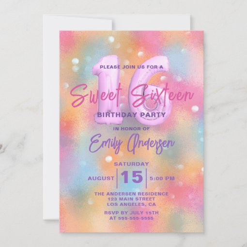 Stylish Pastel Holographic Sweet Sixteen Birthday Invitation | Zazzle