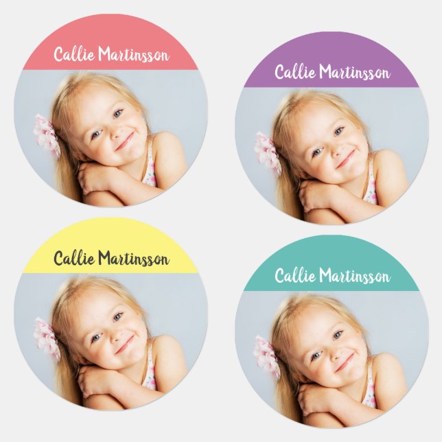 Stylish Pastel Photo Name Pink Purple Yellow Teal Kids' Labels (Group)