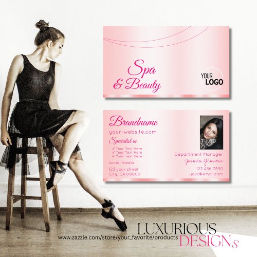Stylish Pastel Pink Glamorous with Logo and Photo Business Card