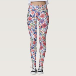 Stylish Pastel Red And Purple Floral Watercolor Leggings
