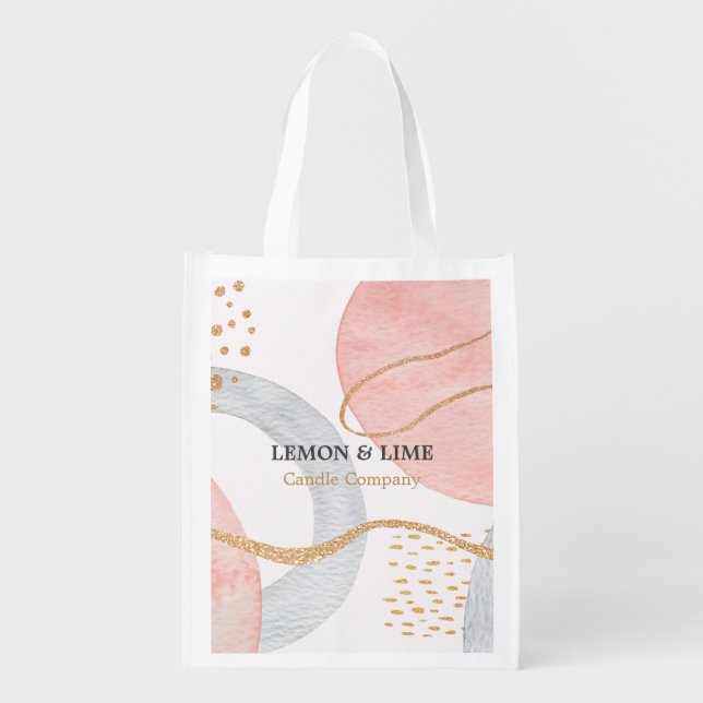 Stylish Pastel Watercolor Pink Gold Business Grocery Bag (Front)