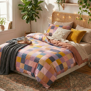 Stylish Patchwork Checkerboard Purple Earth Tones Duvet Cover