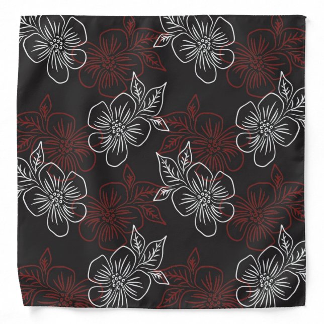 Stylish Pattern Red White Flowers On Black Bandana (Front)