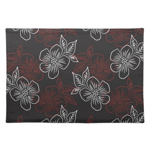 Stylish Pattern Red White Flowers On Black Cloth Placemat