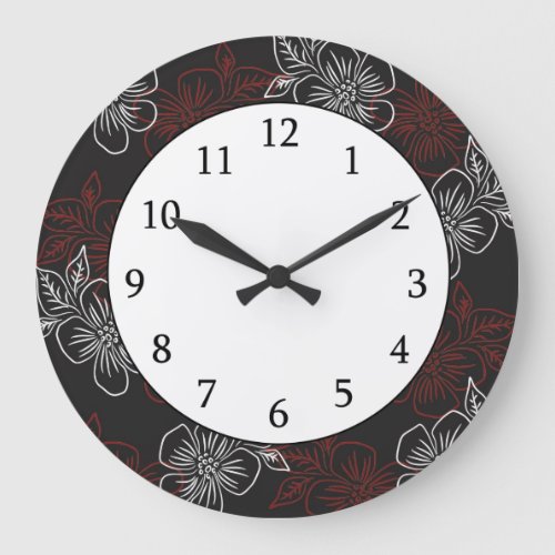 Stylish Pattern Red White Flowers On Black Large Clock