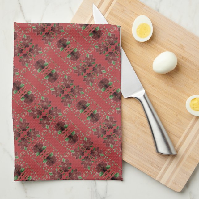 Stylish patterned design with burgundy kitchen towel (Quarter Fold)