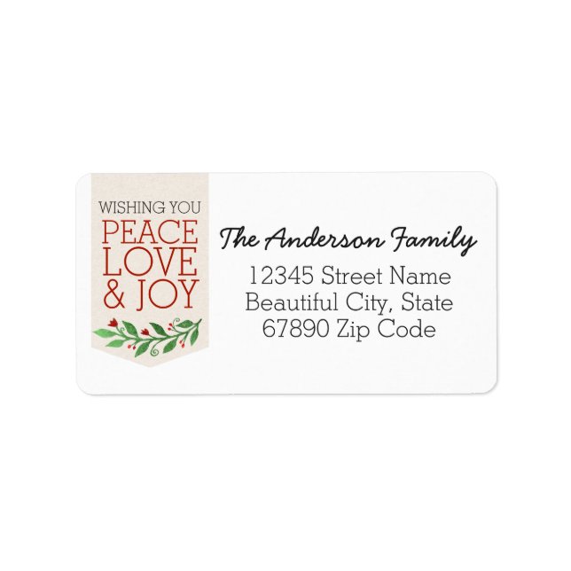 Stylish Peace Joy Love Christmas Holiday Wreath Label (Front)