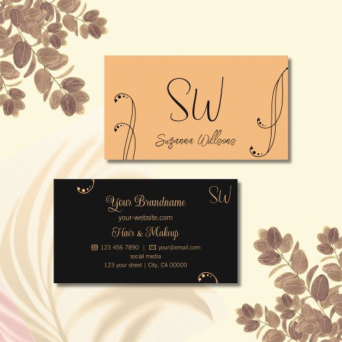 Stylish Peach and Black Chic Ornate with Monogram Business Card