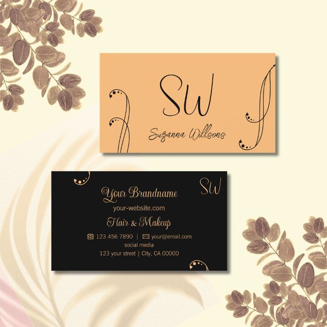 Stylish Peach and Black Chic Ornate with Monogram Business Card (Creator Uploaded)