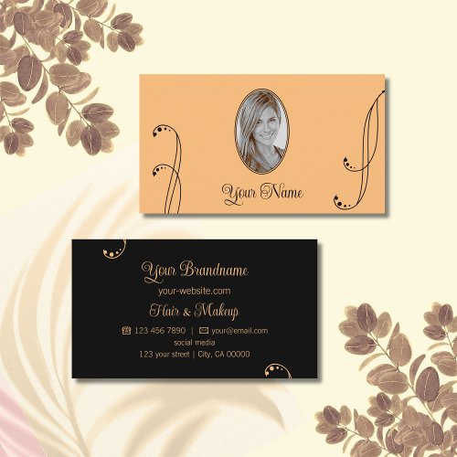 Stylish Peach and Black Ornate with Portrait Photo Business Card