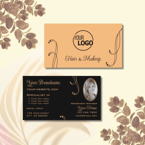 Stylish Peach Black Ornate with Logo and Photo Business Card