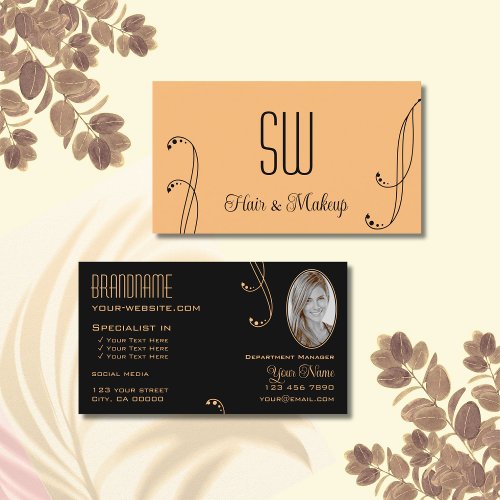 Stylish Peach Black Ornate with Monogram and Photo Business Card