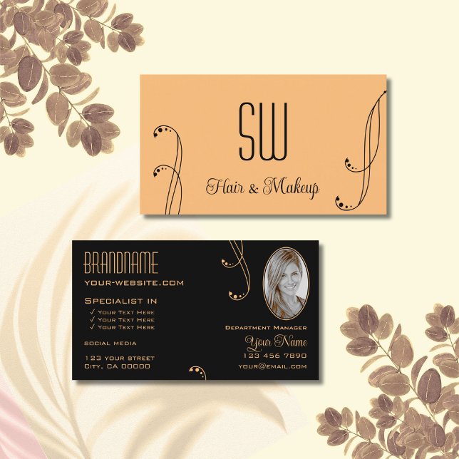 Stylish Peach Black Ornate with Monogram and Photo Business Card (Creator Uploaded)