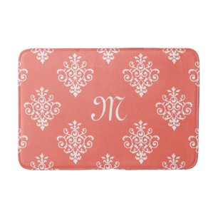 Stylish Peach Coral Damask Pattern With Monogram Bathroom Mat