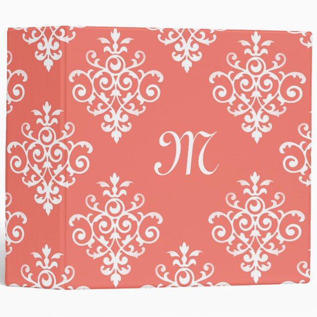 Stylish Peach Coral Damask Pattern With Monogram Binder (Front/Spine)