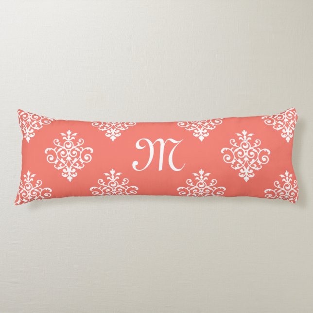 Stylish Peach Coral Damask Pattern With Monogram Body Pillow (Front)