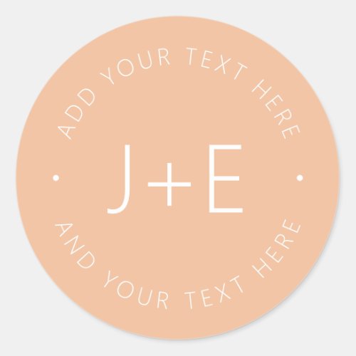 Stylish Peach DIY Couples Monogram  Editable Text Classic Round Sticker