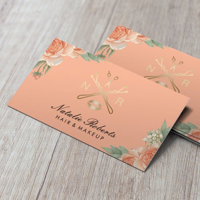 Stylish Peach Floral Hair Stylist Beauty Salon Business Card (Creator Uploaded)
