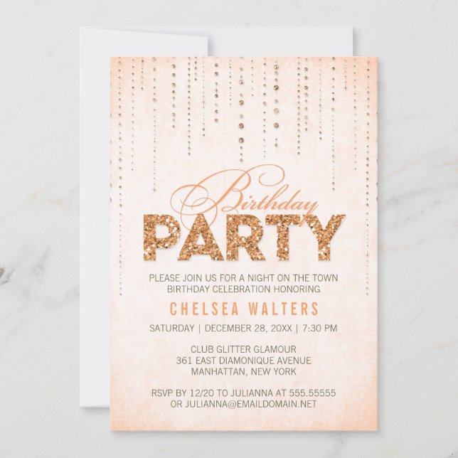 Stylish Peach Glitter Birthday Party Invitation (Front)