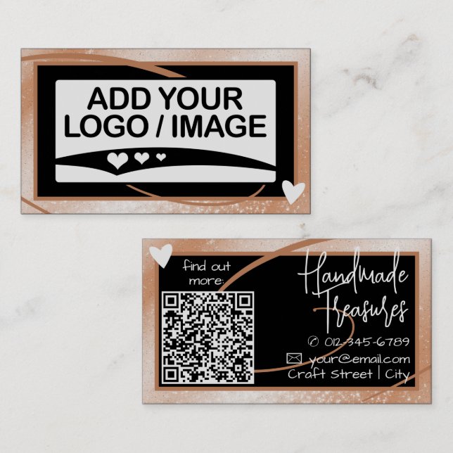 Stylish Peach Glitter Frame Cute Heart with Logo Business Card (Front/Back)