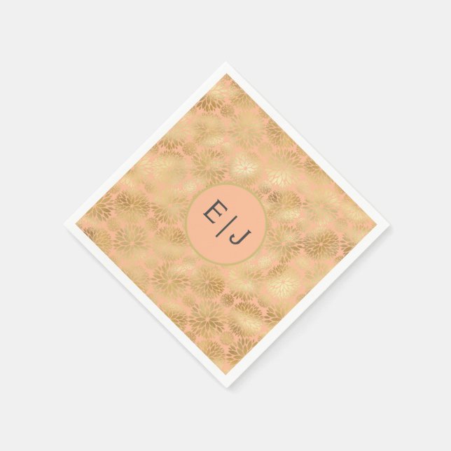 Stylish Peach & Gold Dahlias Pattern Monogram  Napkins (Corner)