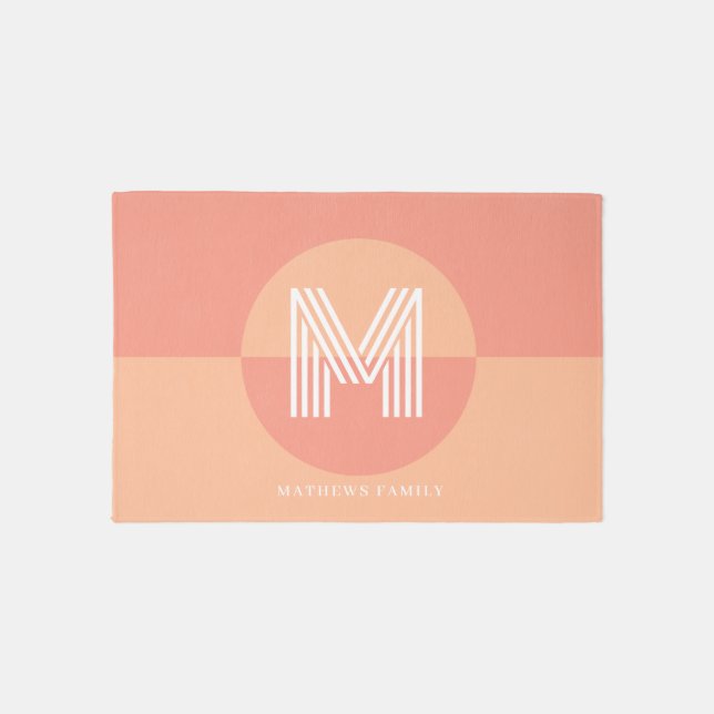 Stylish Peach Pink Geometric Modern Monogram Outdoor Rug (Front)