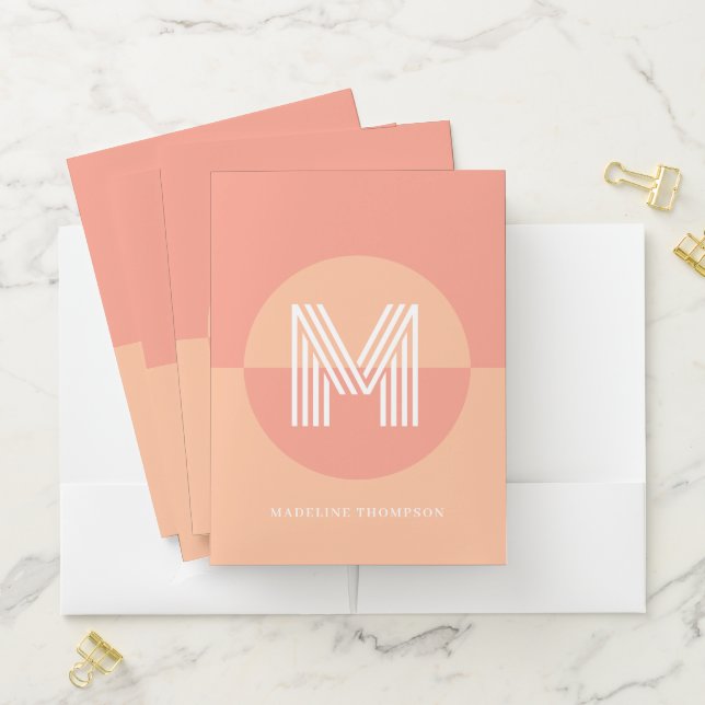 Stylish Peach Pink Geometric Modern Monogram Pocket Folder (In Situ)