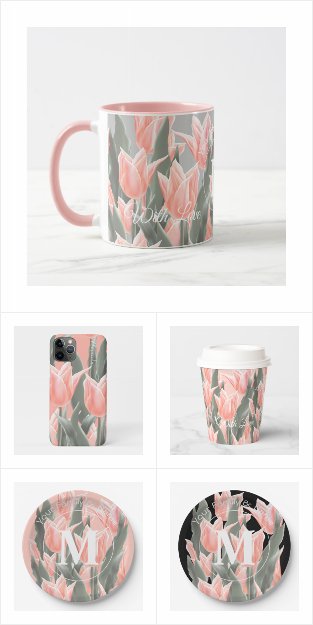Stylish Peach Tulips Flowers Watercolor Collection