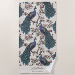 Stylish Peacock and Flower Bridesmaid Beach Towel<br><div class="desc">This Stylish Peacock and Flower Bridesmaid Beach Towel features blue and teal peacocks perched on Magnolia tree branches in full bloom, hand-drawn in black ink. Personalize with Name and Heading (all text is editable) by clicking on "Personalize this template" on the product page. For example, you could change the heading...</div>