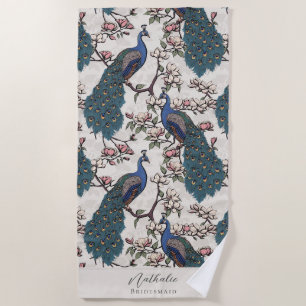 Stylish Peacock and Flower Bridesmaid Beach Towel