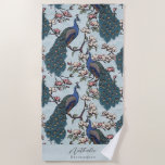 Stylish Peacock and Flower Bridesmaid Blue Beach Towel<br><div class="desc">This Stylish Peacock and Flower Bridesmaid Blue Beach Towel features blue and teal peacocks perched on Magnolia tree branches in full bloom, hand-drawn in black ink. Personalize with Name and Heading (all text is editable) by clicking on "Personalize this template" on the product page. For example, you could change the...</div>