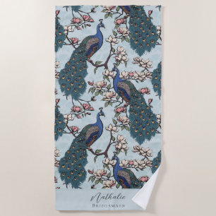 Stylish Peacock and Flower Bridesmaid Blue Beach Towel
