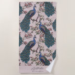 Stylish Peacock and Flower Bridesmaid Blush Pink Beach Towel<br><div class="desc">This Stylish Peacock and Flower Bridesmaid Blush Pink Beach Towel features blue and teal peacocks perched on Magnolia tree branches in full bloom, hand-drawn in black ink. Personalize with Name and Heading (all text is editable) by clicking on "Personalize this template" on the product page. For example, you could change...</div>