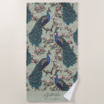 Stylish Peacock and Flower Bridesmaid Sage Green Beach Towel<br><div class="desc">This Stylish Peacock and Flower Bridesmaid Sage Green Beach Towel features blue and teal peacocks perched on Magnolia tree branches in full bloom, hand-drawn in black ink. Personalize with Name and Heading (all text is editable) by clicking on "Personalize this template" on the product page. For example, you could change...</div>