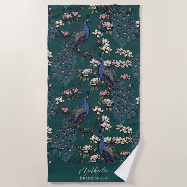 Stylish Peacock and Flower Bridesmaid Teal Beach Towel (Front)