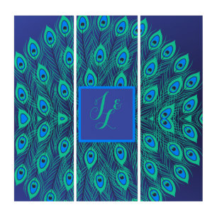 STYLISH PEACOCK BIRD FEATHERS BLUE GREEN INTIALS TRIPTYCH