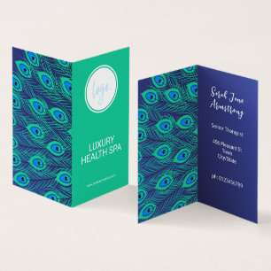 STYLISH PEACOCK FEATHER GREEN & BLUE LOGO FOLDED BUSINESS CARD