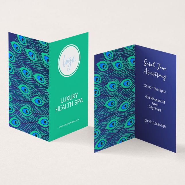 STYLISH PEACOCK FEATHER GREEN & BLUE LOGO FOLDED BUSINESS CARD (Inside and Outside)