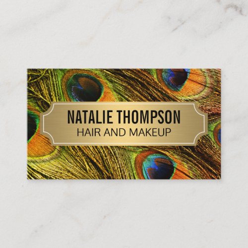 Stylish Peacock Feathers Gold Metallic Frame Business Card