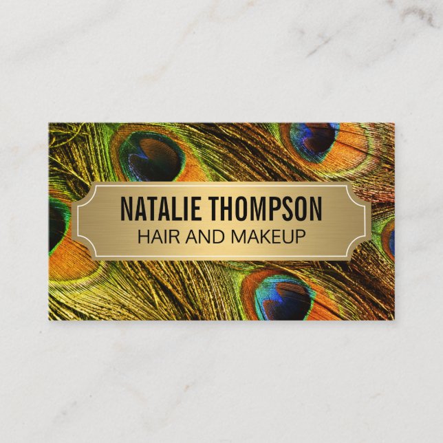 Stylish Peacock Feathers Gold Metallic Frame Business Card (Front)
