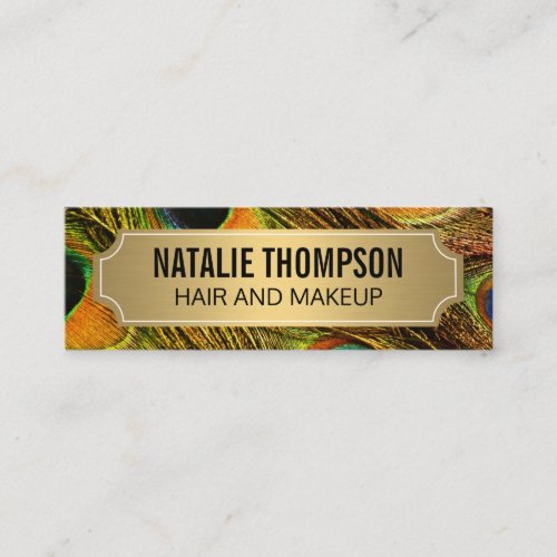 Stylish Peacock Feathers Gold Metallic Frame Mini Business Card