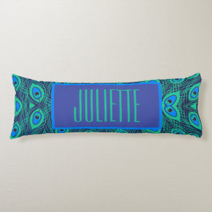 STYLISH PEACOCK FEATHERS IN GREEN & BLUE WITH TEXT BODY PILLOW